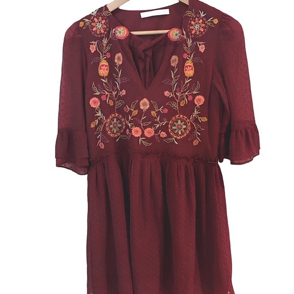 Zara Floral Embroidered Boho Maroon Dress | Fall Dresswear | Knee-Length Sz 8 - Picture 2 of 5